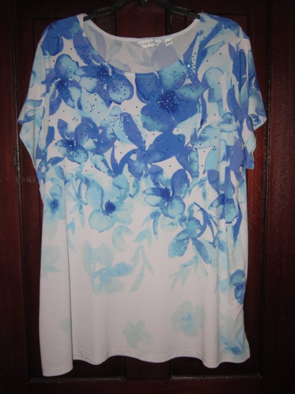 Susan Graver Plus 1X Stretch Top Blouse Shirt Floral Print Beaded Rhinestones SS